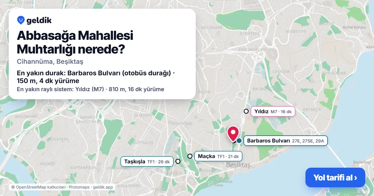 Abbasağa Mahallesi Muhtarlığı nerede: haritada konumu ve en yakın duraklar, yürüme süreleriyle