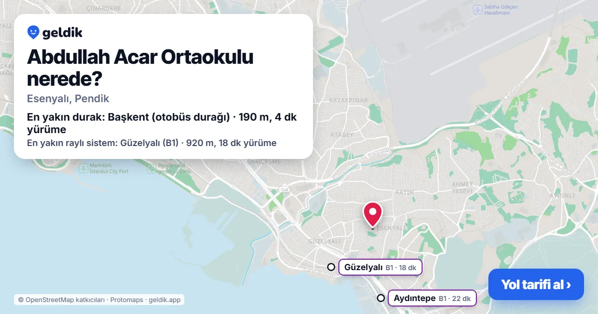 Abdullah Acar Ortaokulu nerede: haritada konumu ve en yakın duraklar, yürüme süreleriyle