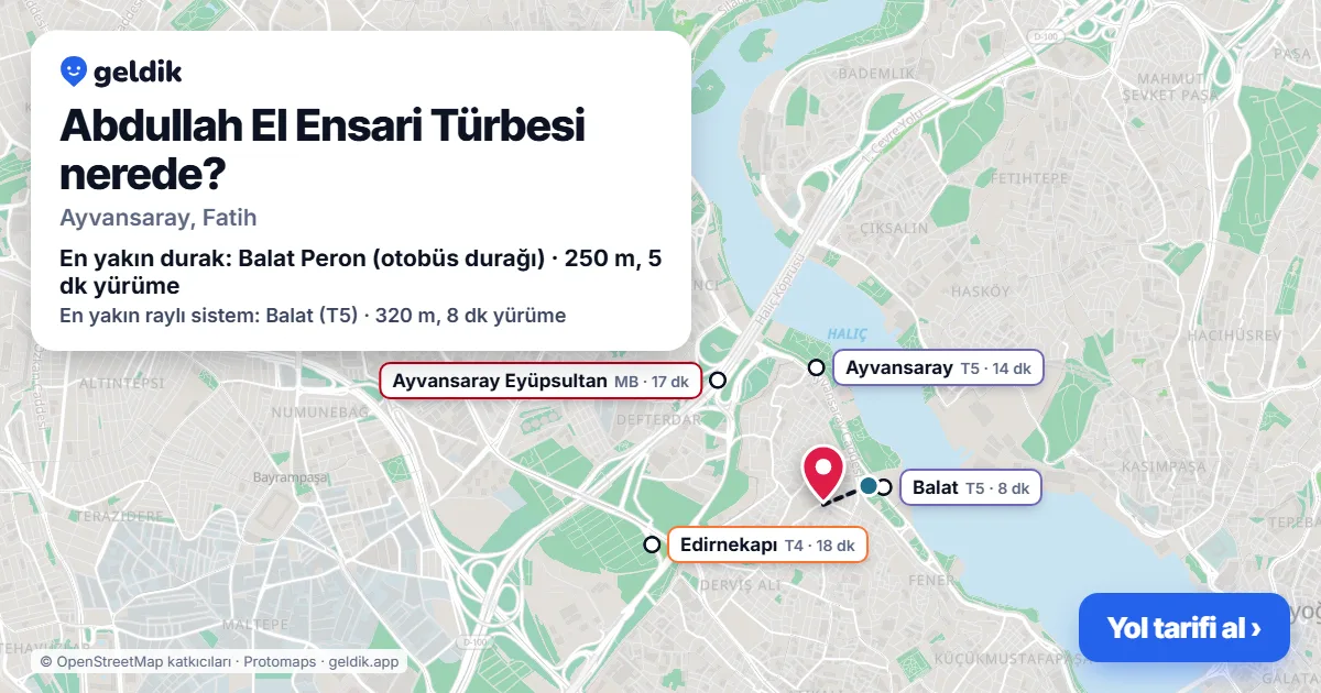 Abdullah El Ensari Türbesi nerede: haritada konumu ve en yakın duraklar, yürüme süreleriyle