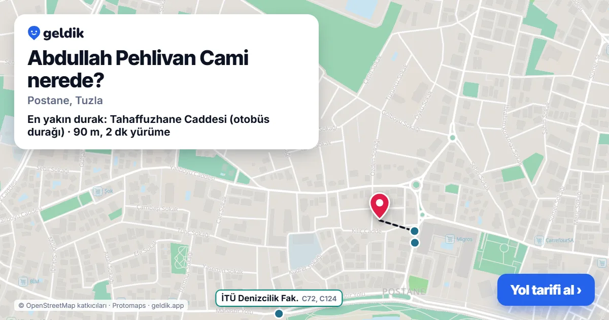 Abdullah Pehlivan Cami nerede: haritada konumu ve en yakın duraklar, yürüme süreleriyle