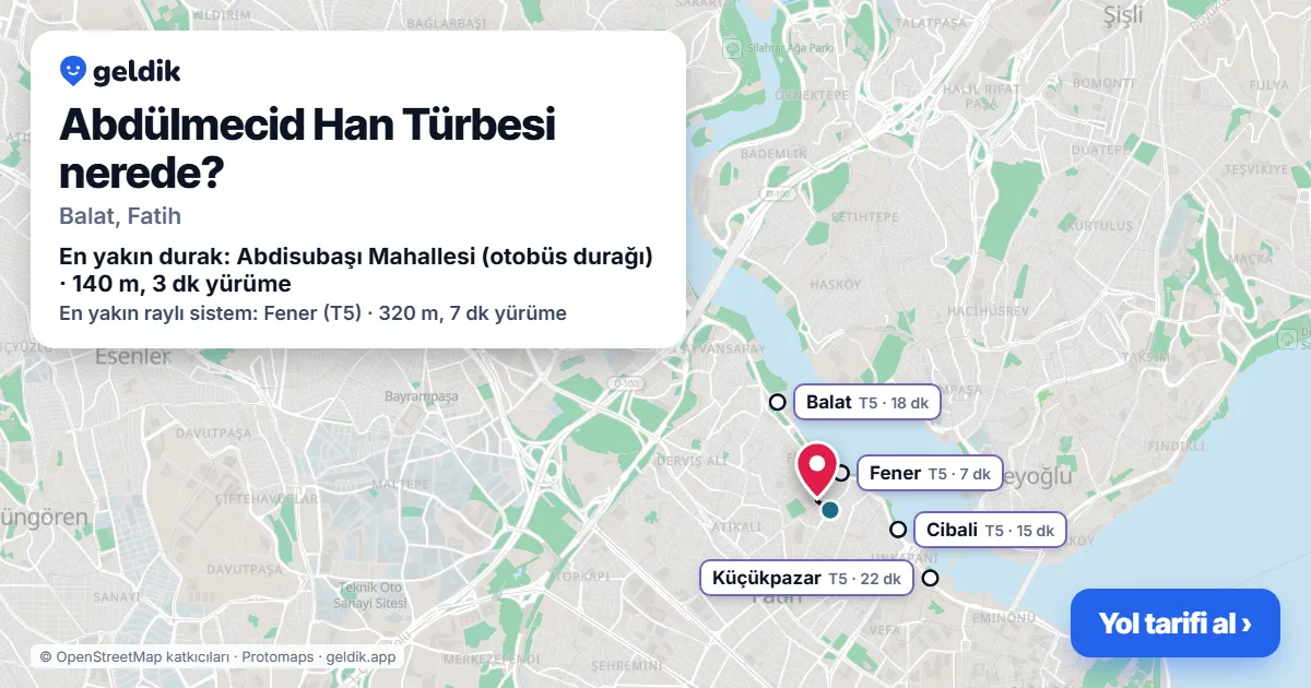 Abdülmecid Han Türbesi nerede: haritada konumu ve en yakın duraklar, yürüme süreleriyle