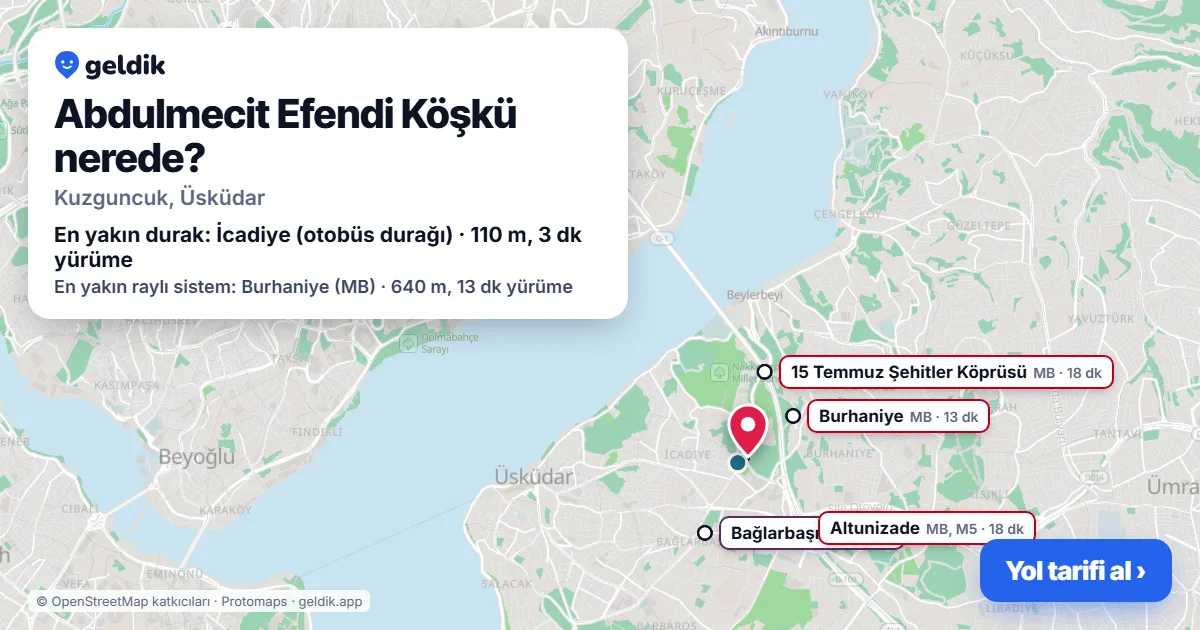 Abdulmecit Efendi Köşkü nerede: haritada konumu ve en yakın duraklar, yürüme süreleriyle