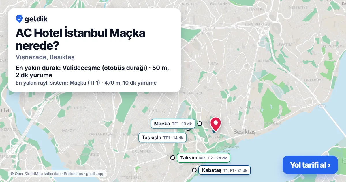 AC Hotel İstanbul Maçka nerede: haritada konumu ve en yakın duraklar, yürüme süreleriyle