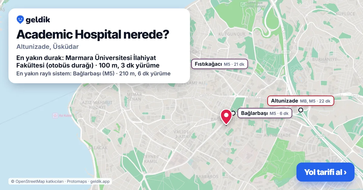 Academic Hospital nerede: haritada konumu ve en yakın duraklar, yürüme süreleriyle
