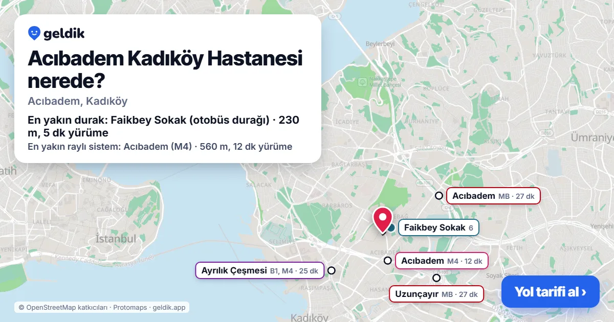 Acıbadem Kadıköy Hastanesi nerede: haritada konumu ve en yakın duraklar, yürüme süreleriyle
