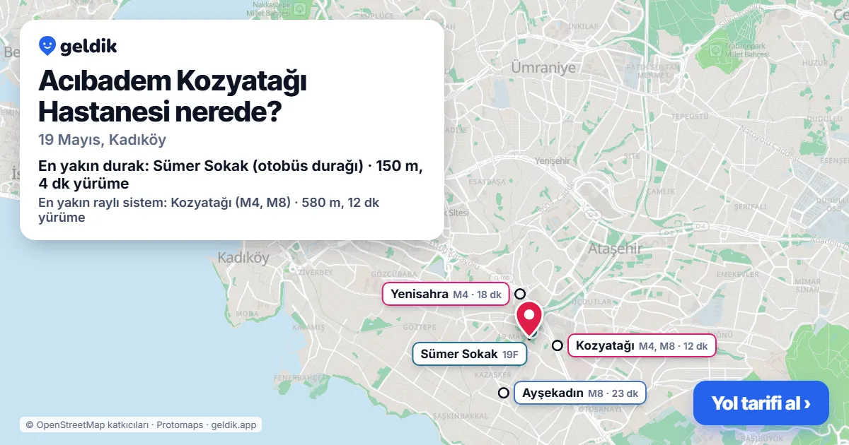 Acıbadem Kozyatağı Hastanesi nerede: haritada konumu ve en yakın duraklar, yürüme süreleriyle
