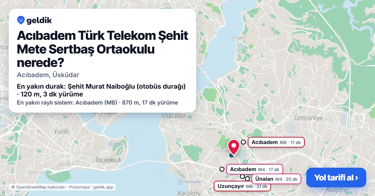 Acıbadem Türk Telekom Şehit Mete Sertbaş Ortaokulu nerede: haritada konumu ve en yakın duraklar, yürüme süreleriyle