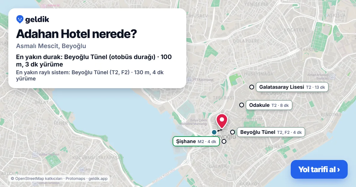 Adahan Hotel nerede: haritada konumu ve en yakın duraklar, yürüme süreleriyle