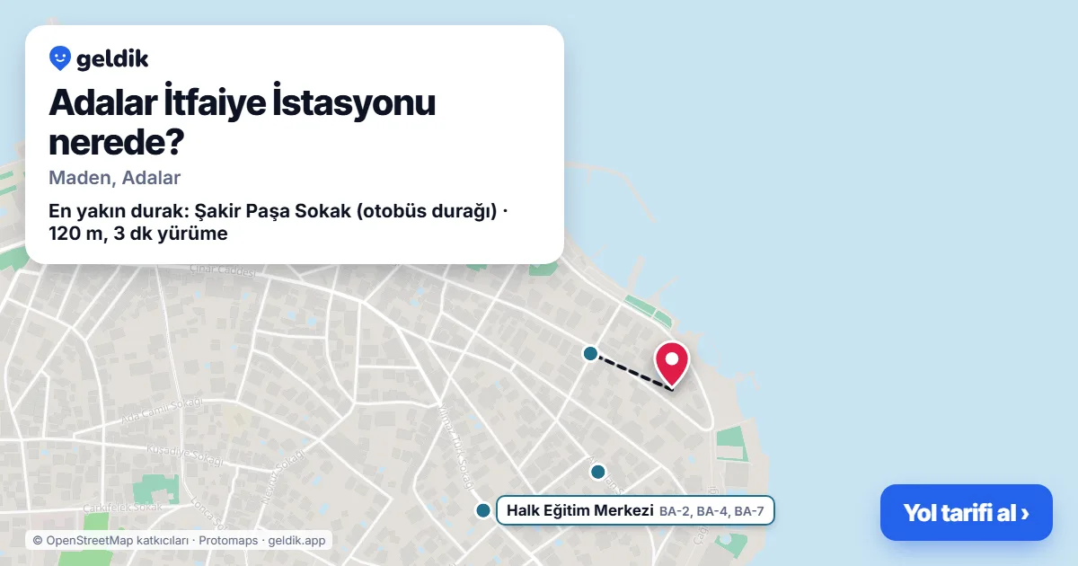 Where is Adalar İtfaiye İstasyonu: map with its location and the nearest stops, with walking times