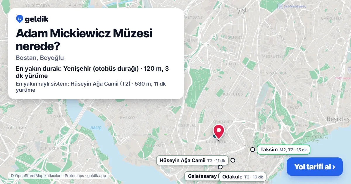 Adam Mickiewicz Müzesi nerede: haritada konumu ve en yakın duraklar, yürüme süreleriyle