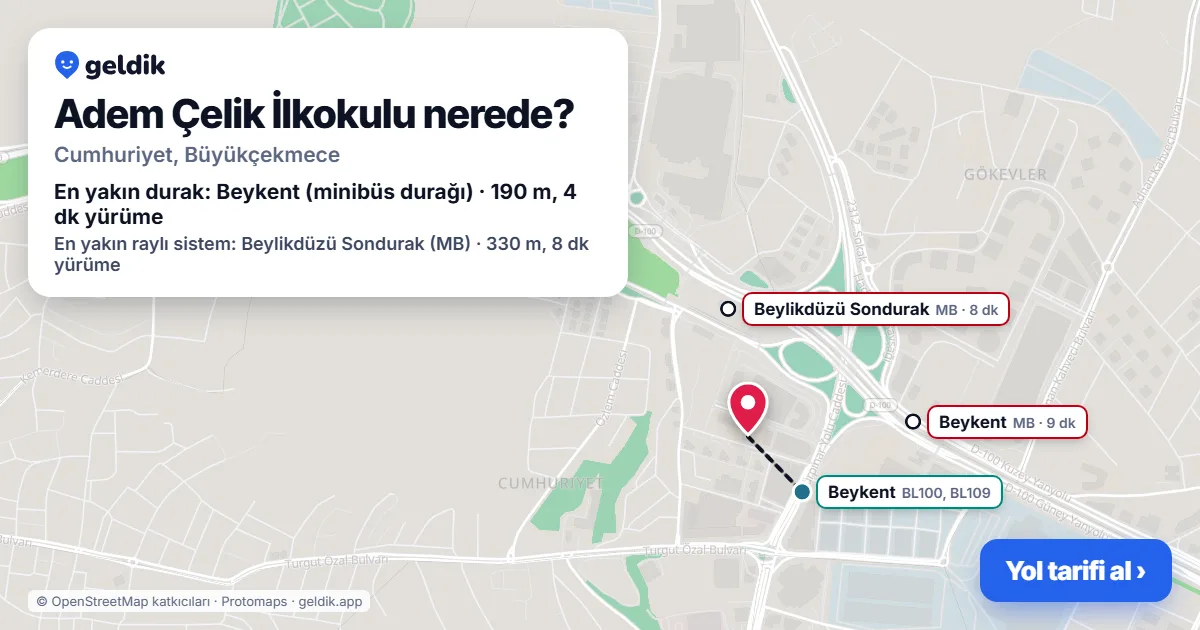 Adem Çelik İlkokulu nerede: haritada konumu ve en yakın duraklar, yürüme süreleriyle