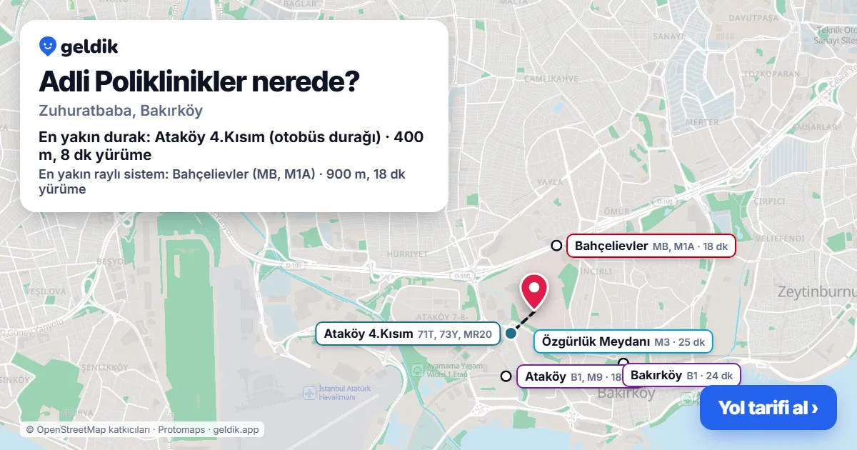 Where is Adli Poliklinikler: map with its location and the nearest stops, with walking times