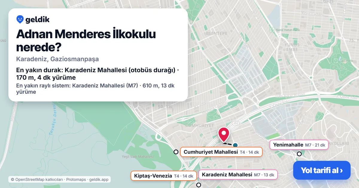 Where is Adnan Menderes İlkokulu: map with its location and the nearest stops, with walking times