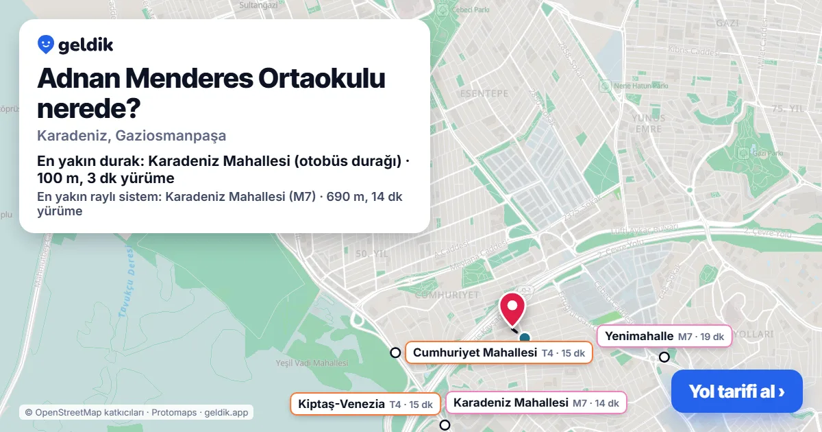 Where is Adnan Menderes Ortaokulu: map with its location and the nearest stops, with walking times