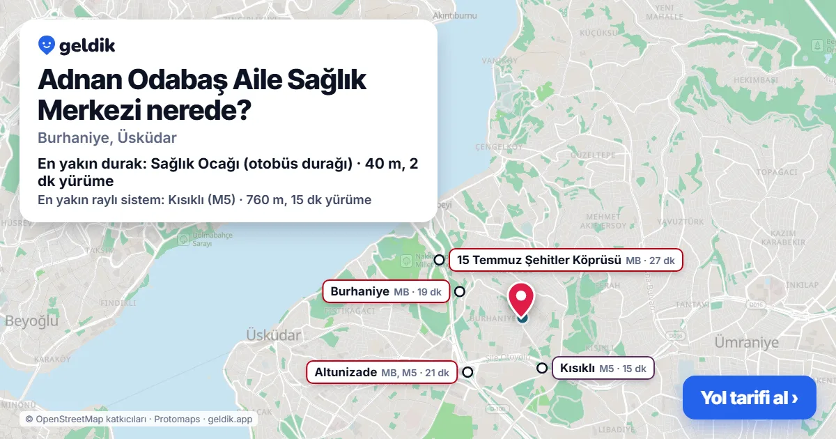 Where is Adnan Odabaş Aile Sağlık Merkezi: map with its location and the nearest stops, with walking times
