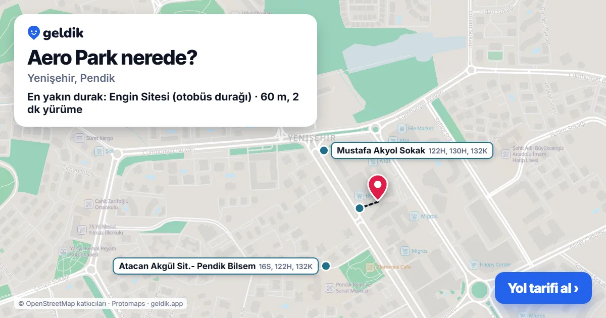 Aero Park nerede: haritada konumu ve en yakın duraklar, yürüme süreleriyle