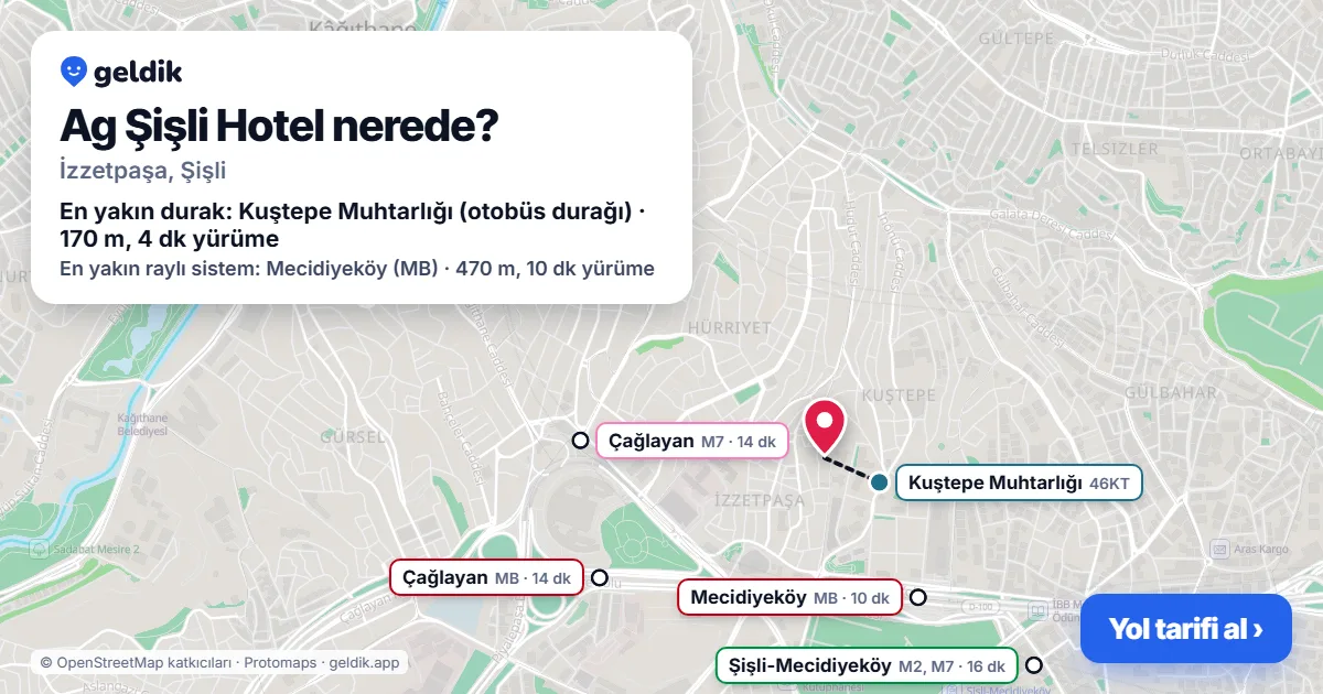 Ag Şişli Hotel nerede: haritada konumu ve en yakın duraklar, yürüme süreleriyle