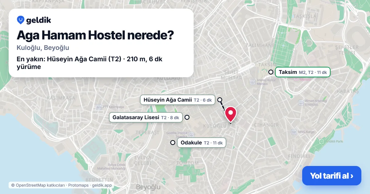 Aga Hamam Hostel nerede: haritada konumu ve en yakın duraklar, yürüme süreleriyle