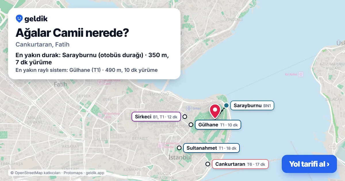 Where is Ağalar Camii: map with its location and the nearest stops, with walking times