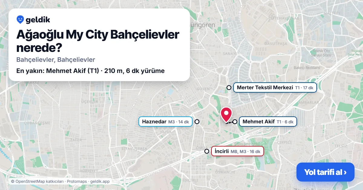 Where is Ağaoğlu My City Bahçelievler: map with its location and the nearest stops, with walking times