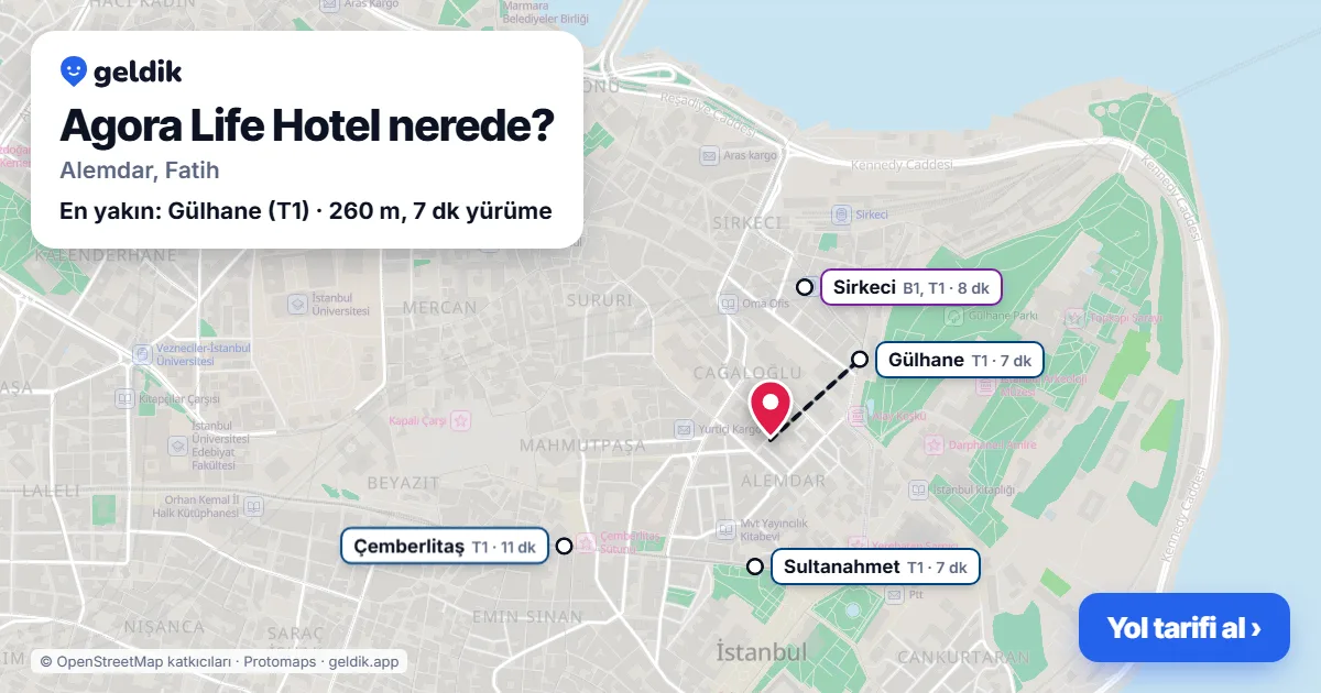 Agora Life Hotel nerede: haritada konumu ve en yakın duraklar, yürüme süreleriyle