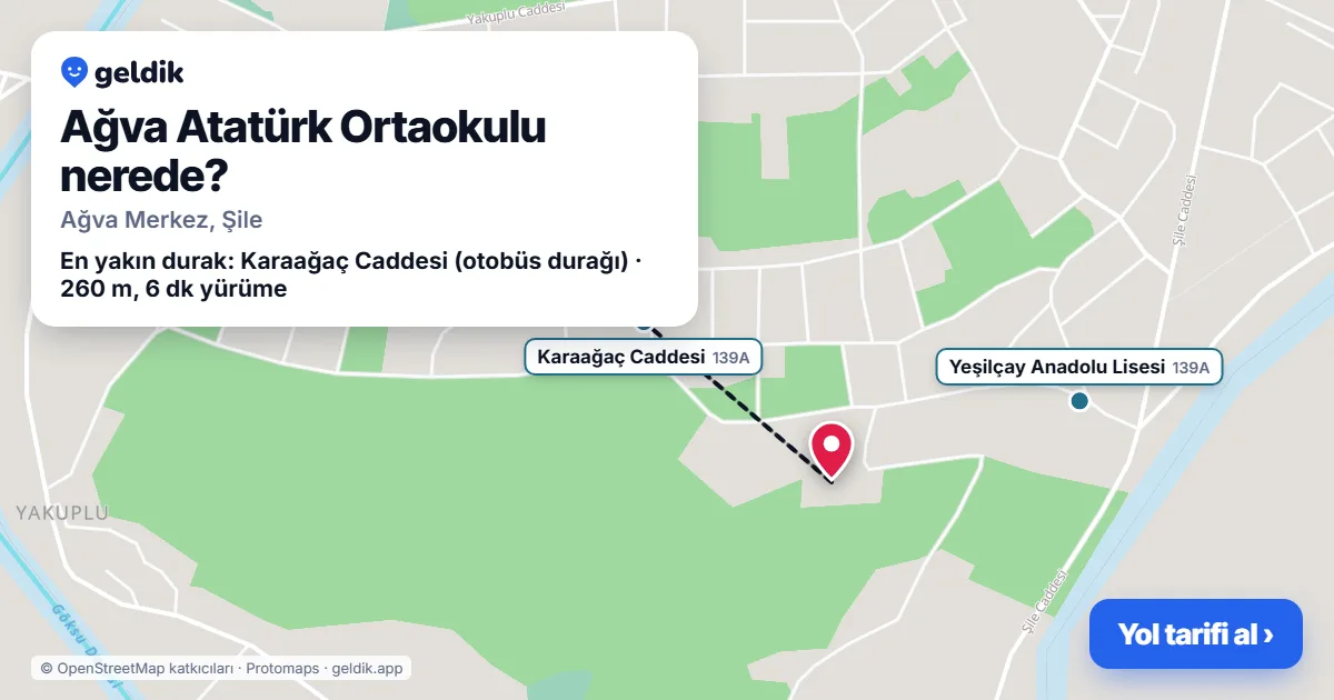 Ağva Atatürk Ortaokulu nerede: haritada konumu ve en yakın duraklar, yürüme süreleriyle