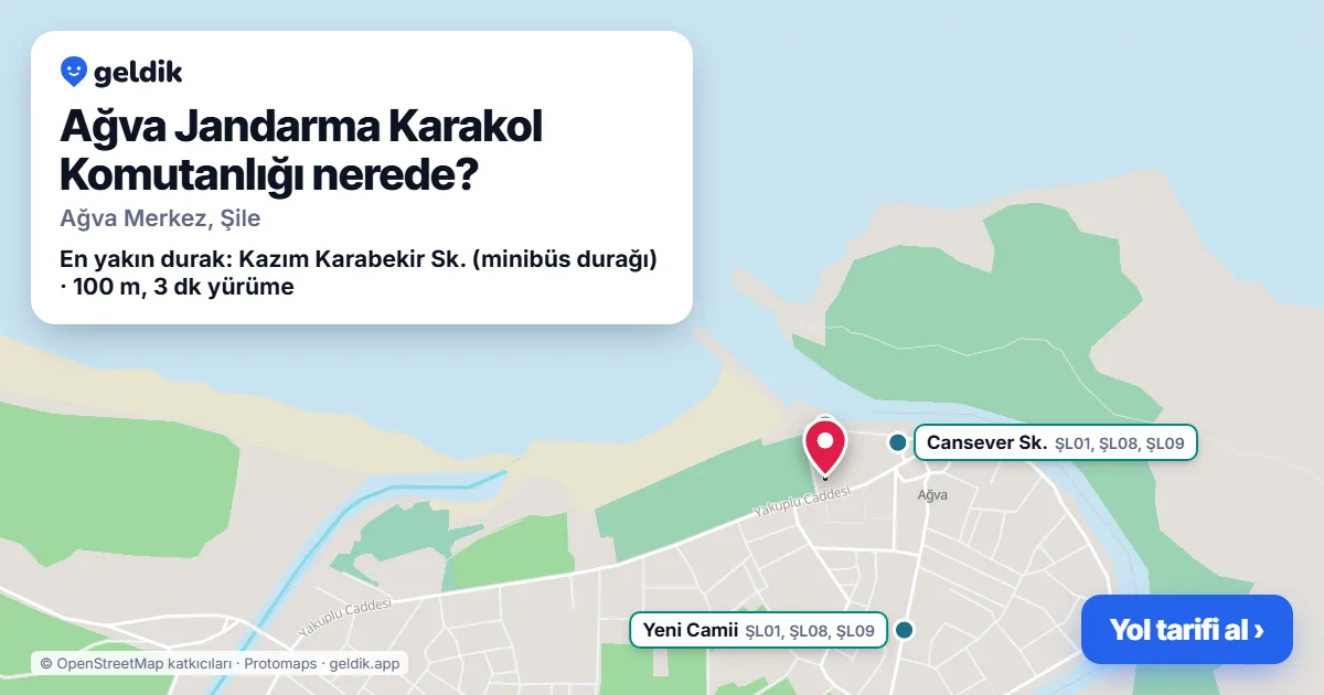 Where is Ağva Jandarma Karakol Komutanlığı: map with its location and the nearest stops, with walking times