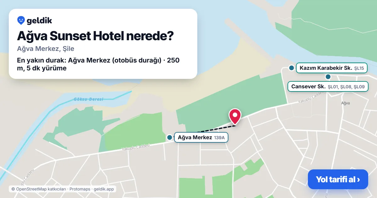 Ağva Sunset Hotel nerede: haritada konumu ve en yakın duraklar, yürüme süreleriyle