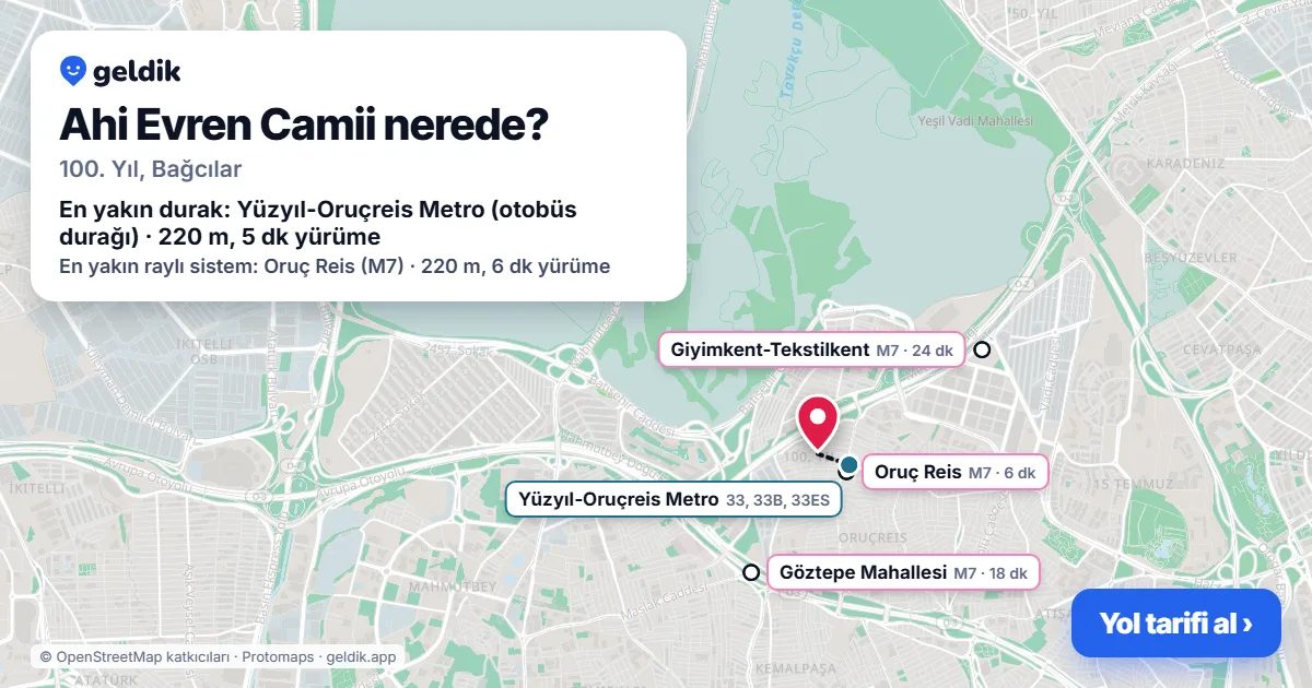 Ahi Evren Camii nerede: haritada konumu ve en yakın duraklar, yürüme süreleriyle