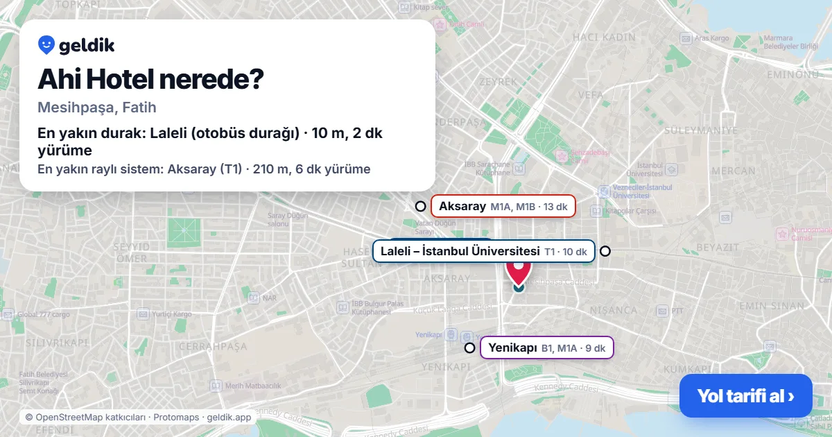Where is Ahi Hotel: map with its location and the nearest stops, with walking times