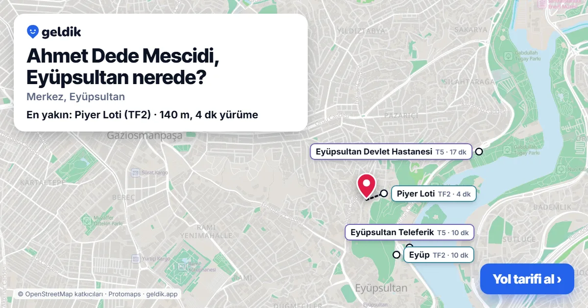 Where is Ahmet Dede Mescidi, Eyüpsultan: map with its location and the nearest stops, with walking times