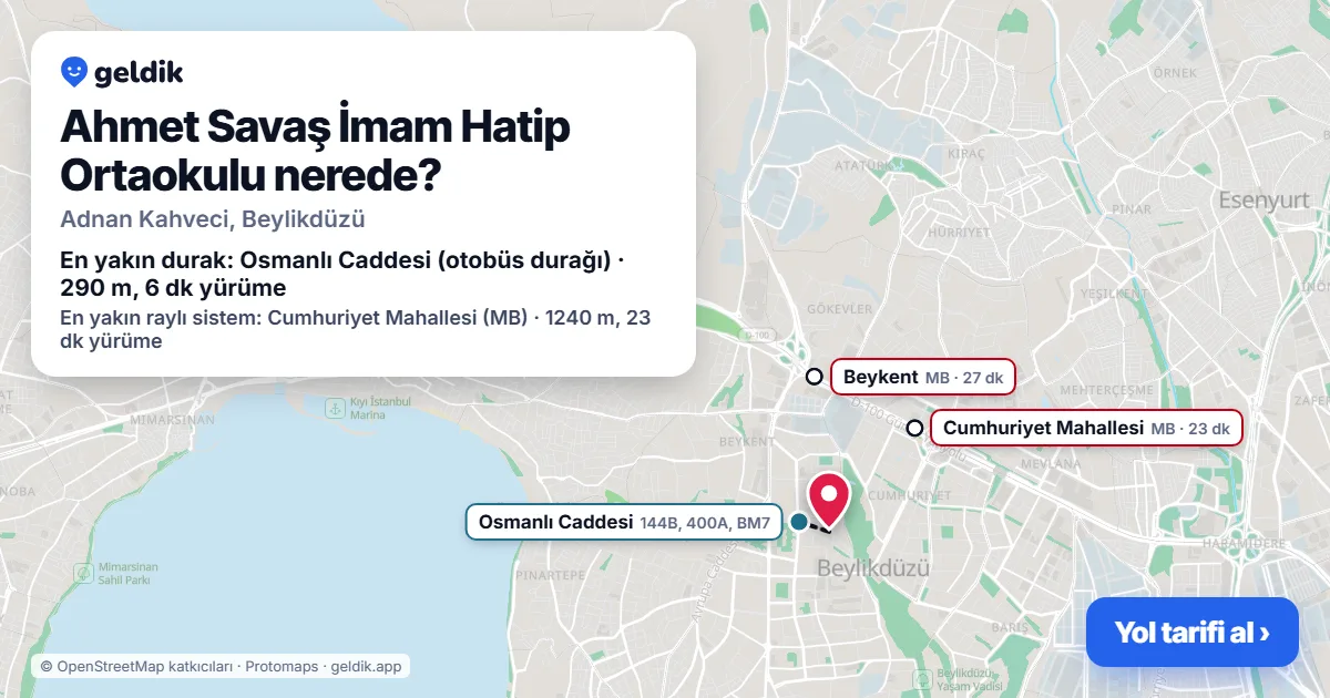 Where is Ahmet Savaş İmam Hatip Ortaokulu: map with its location and the nearest stops, with walking times
