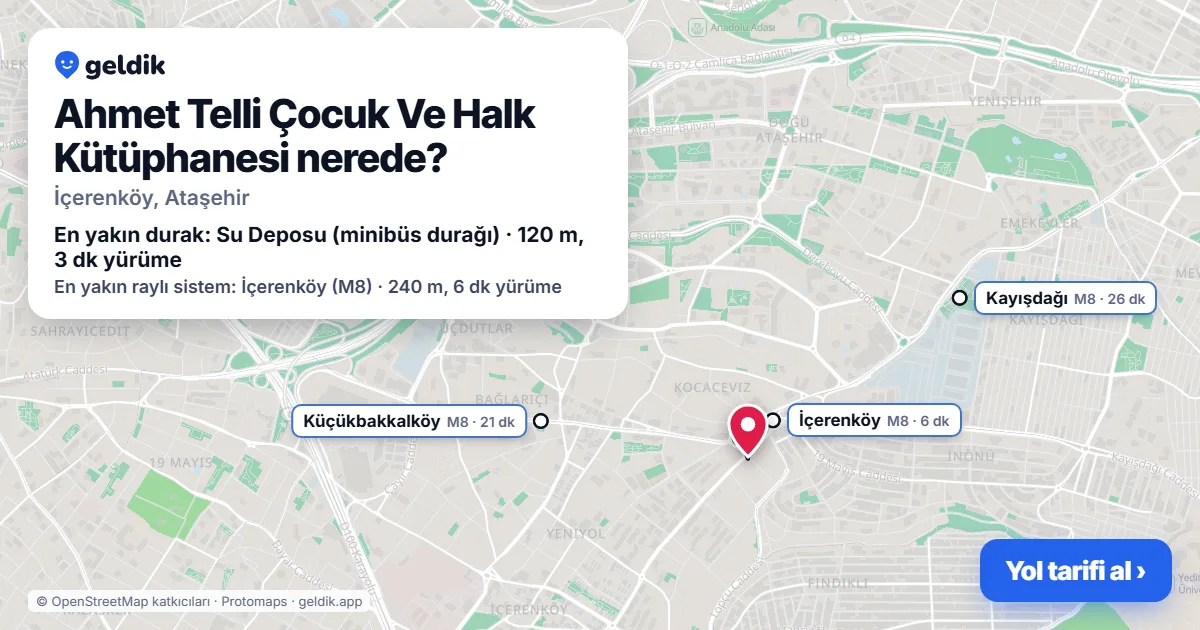 Ahmet Telli Çocuk Ve Halk Kütüphanesi nerede: haritada konumu ve en yakın duraklar, yürüme süreleriyle