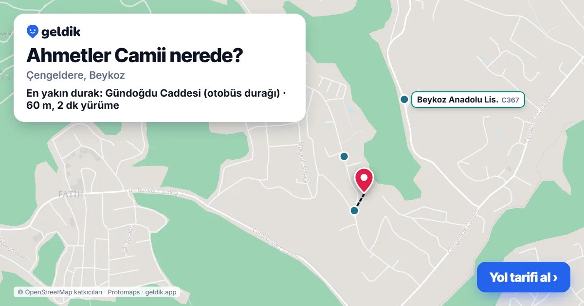 Where is Ahmetler Camii: map with its location and the nearest stops, with walking times