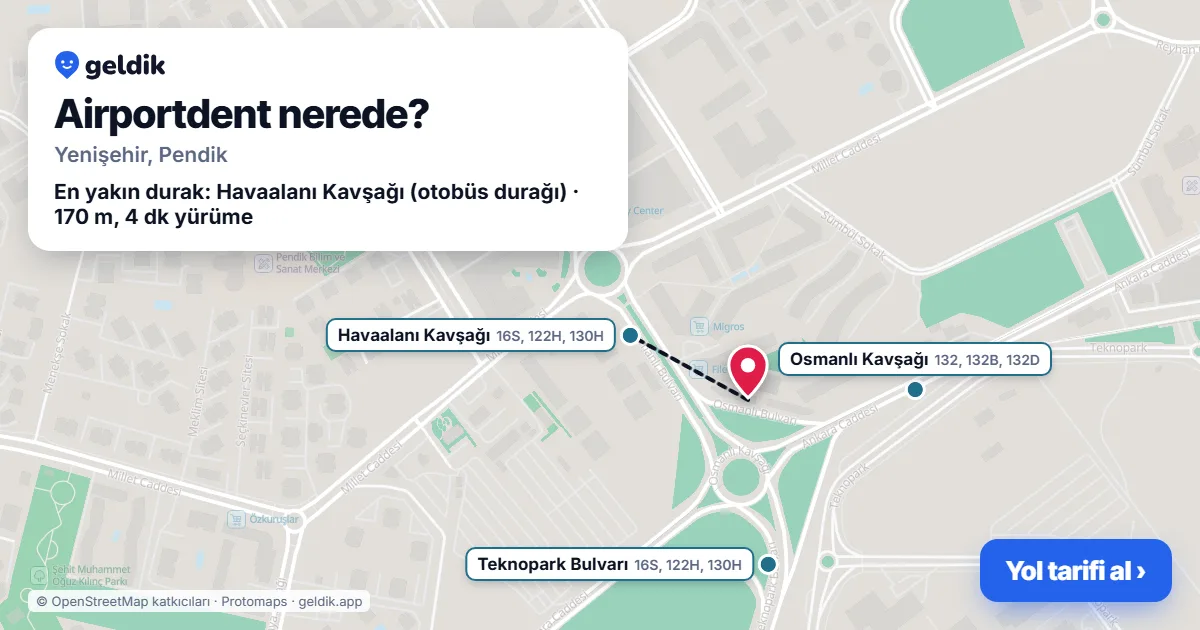 Where is Airportdent: map with its location and the nearest stops, with walking times