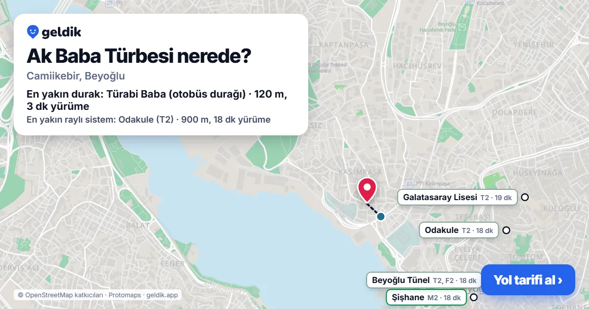 Where is Ak Baba Türbesi: map with its location and the nearest stops, with walking times