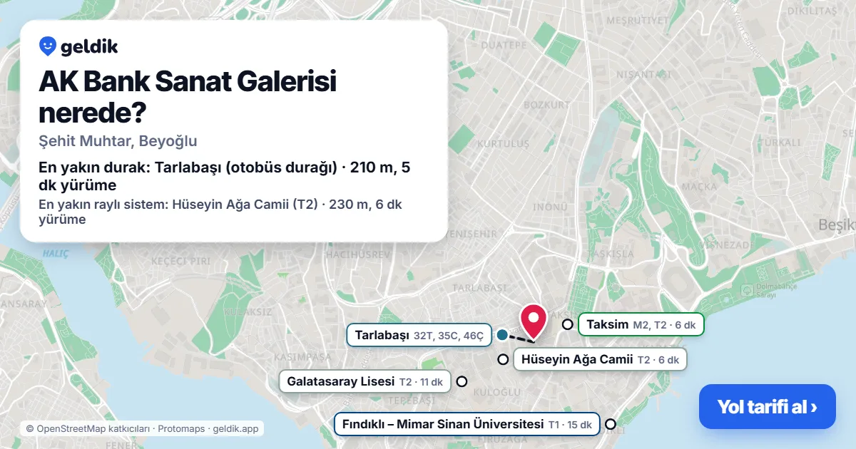 AK Bank Sanat Galerisi nerede: haritada konumu ve en yakın duraklar, yürüme süreleriyle