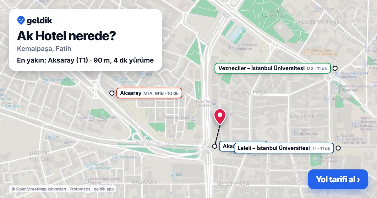 Ak Hotel nerede: haritada konumu ve en yakın duraklar, yürüme süreleriyle