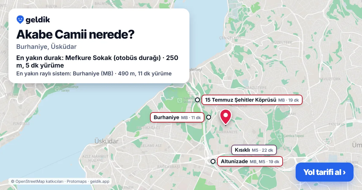 Where is Akabe Camii: map with its location and the nearest stops, with walking times
