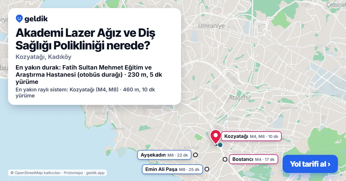 Akademi Lazer Ağız ve Diş Sağlığı Polikliniği nerede: haritada konumu ve en yakın duraklar, yürüme süreleriyle