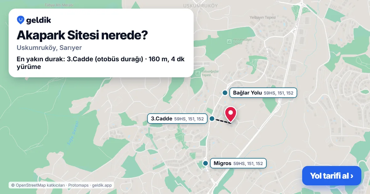 Akapark Sitesi nerede: haritada konumu ve en yakın duraklar, yürüme süreleriyle