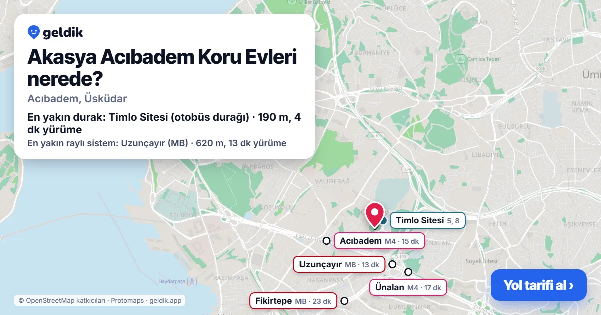 Where is Akasya Acıbadem Koru Evleri: map with its location and the nearest stops, with walking times