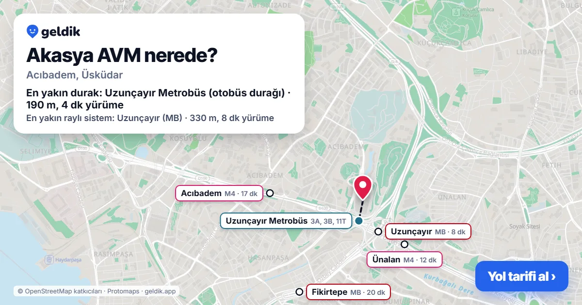 Akasya AVM nerede: haritada konumu ve en yakın duraklar, yürüme süreleriyle