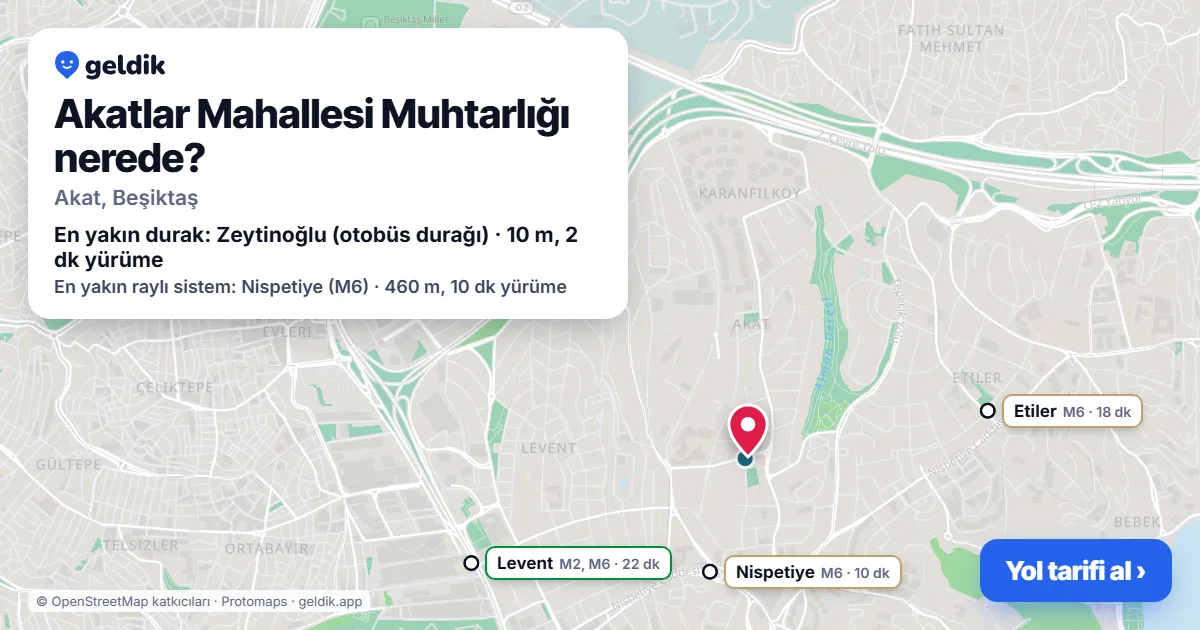 Akatlar Mahallesi Muhtarlığı nerede: haritada konumu ve en yakın duraklar, yürüme süreleriyle