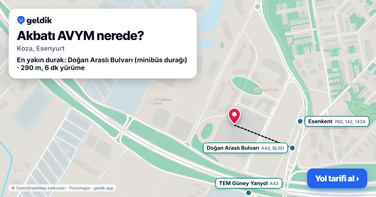 Akbatı AVYM nerede: haritada konumu ve en yakın duraklar, yürüme süreleriyle