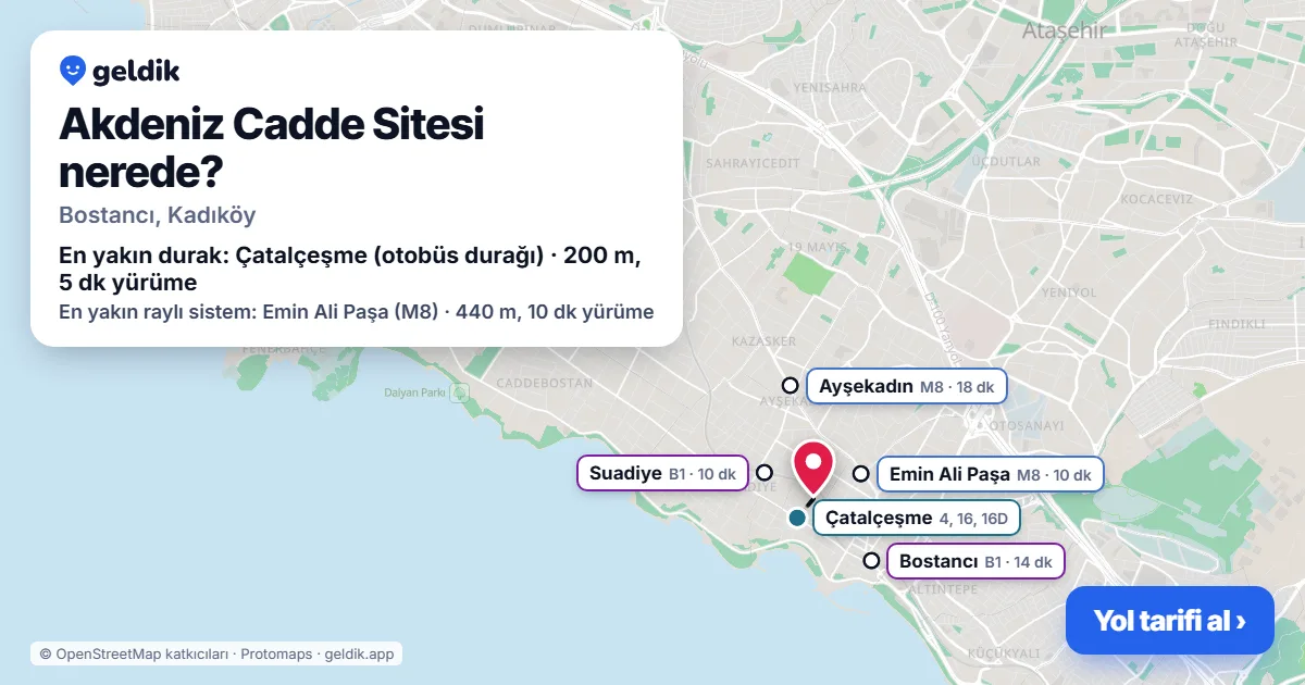 Where is Akdeniz Cadde Sitesi: map with its location and the nearest stops, with walking times