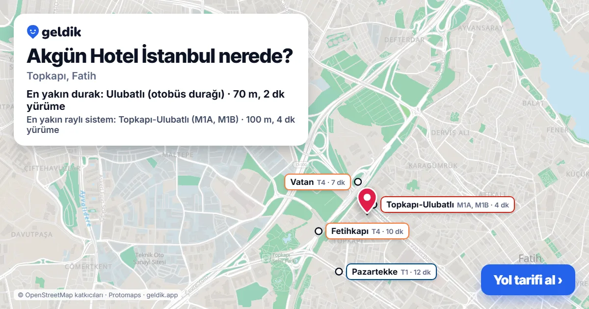 Akgün Hotel İstanbul nerede: haritada konumu ve en yakın duraklar, yürüme süreleriyle