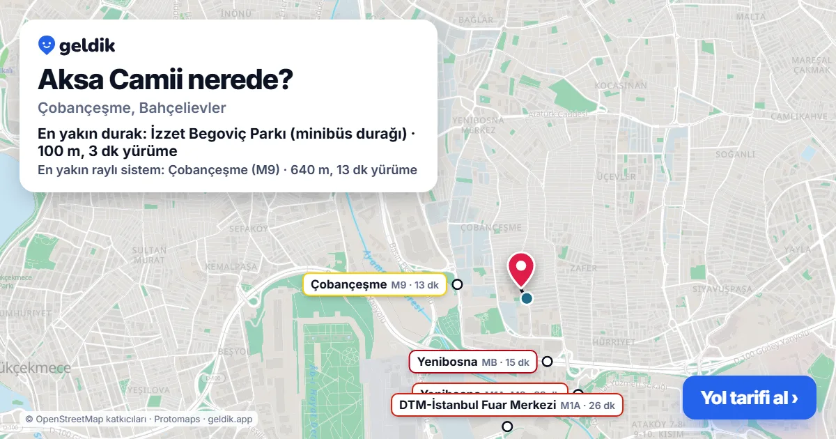 Where is Aksa Camii: map with its location and the nearest stops, with walking times