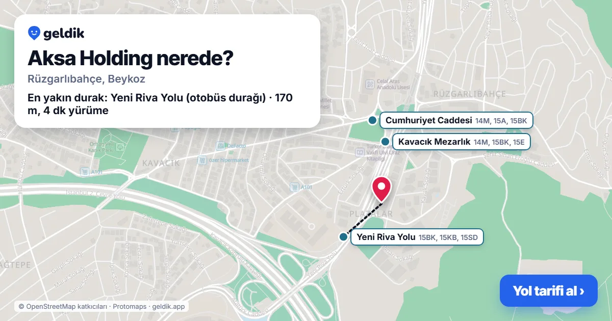 Aksa Holding nerede: haritada konumu ve en yakın duraklar, yürüme süreleriyle