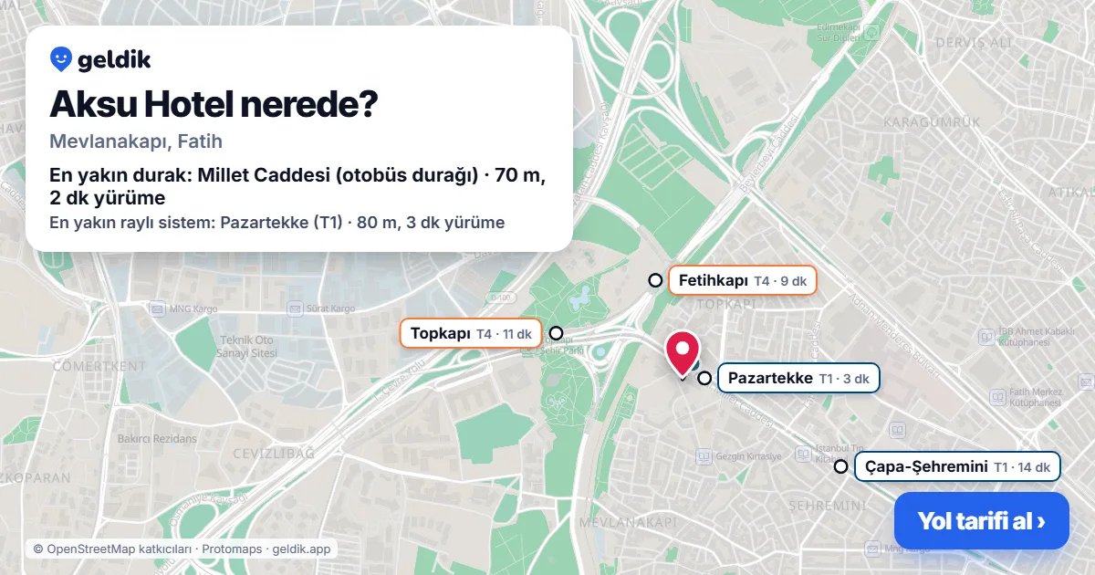 Where is Aksu Hotel: map with its location and the nearest stops, with walking times